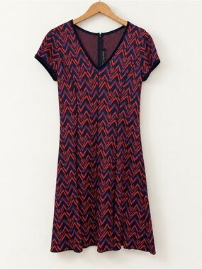 St. John Navy Red Chevron Knit Fit & Flare Dress Size 10